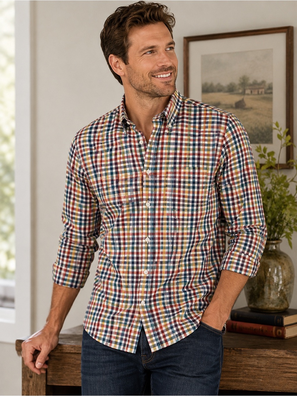 L.L. Bean Men's Multi-Color Plaid Button-Down Shirt (Blue, Red, Yellow, Green)